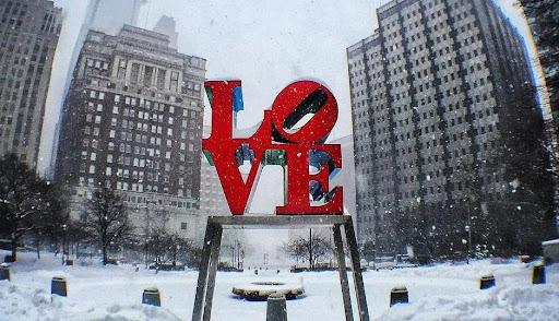 LOVE sculpture in Philadelphia on a winter day